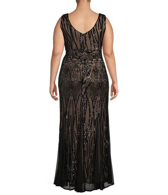 R & M Richards Plus Size Sleeveless V-Neck Sequin Godet Skirt Long Dress Product Image