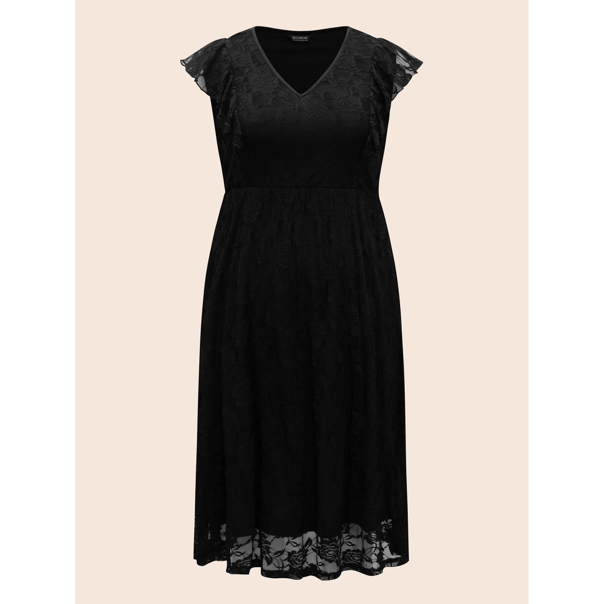 Plus Size Lace Ruffled Sleeve Waist-Cinched Midi Dress Black Women Elegant Texture Knit Dresses Bloomchic 26/4X Product Image