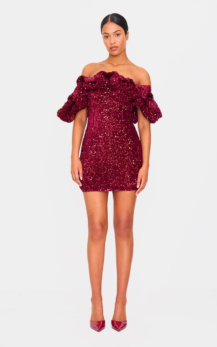 Tall Burgundy Velvet Sequin Extreme Ruffle Mini Dress Product Image