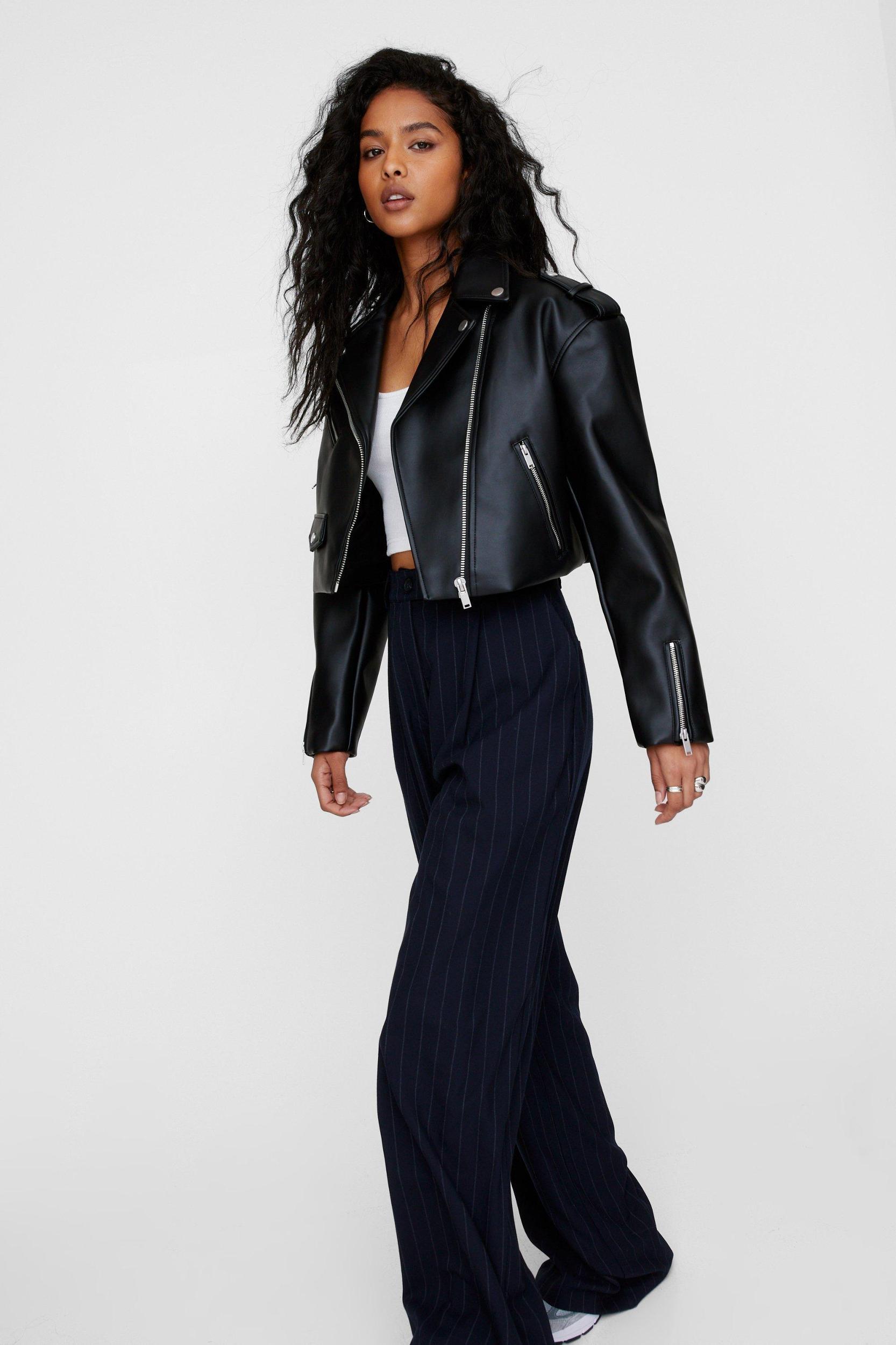 Essentials Cropped Faux Leather Boxy Biker  Product Image