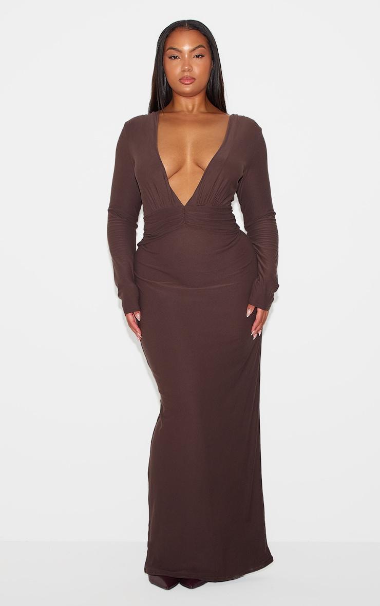 Chocolate Brown Soft Touch Twisted Plunge Maxi Dress Product Image
