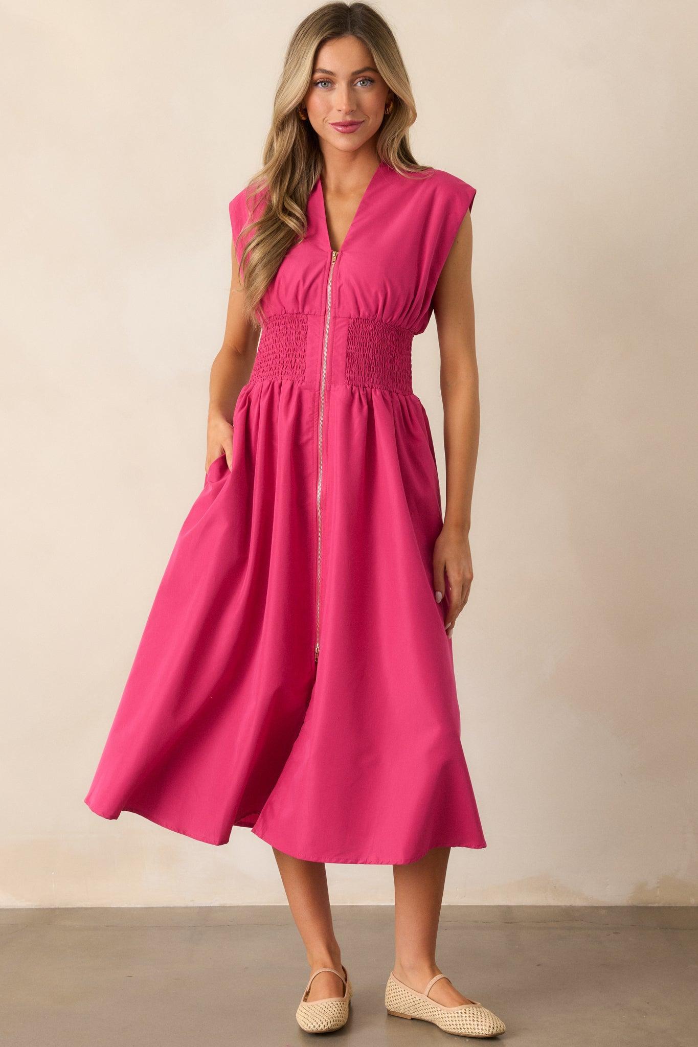 The Evette Magenta Pink Zip Front Midi Dress Product Image