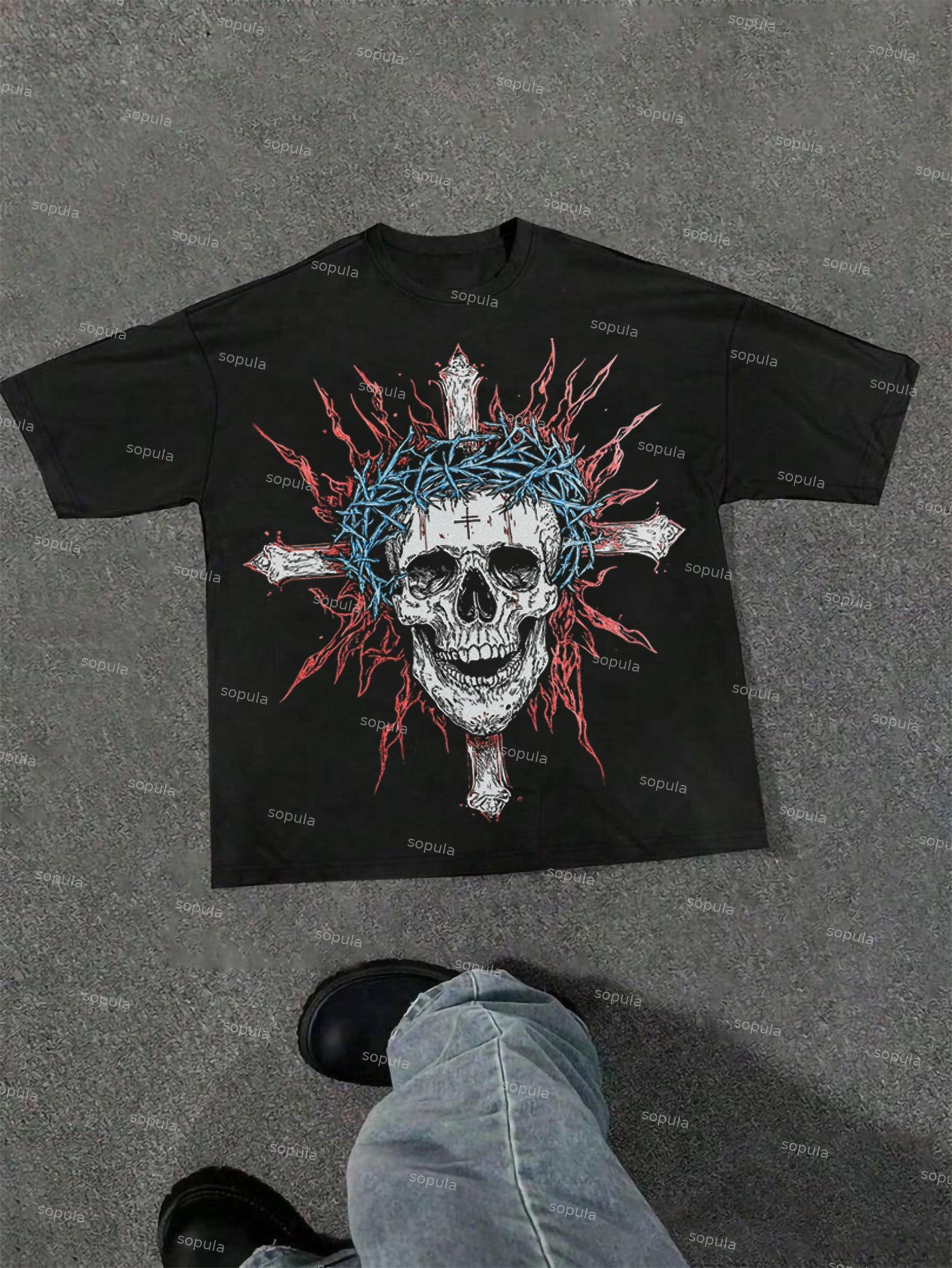 Cross Skull Graphic Print Cotton T-shirt Product Image