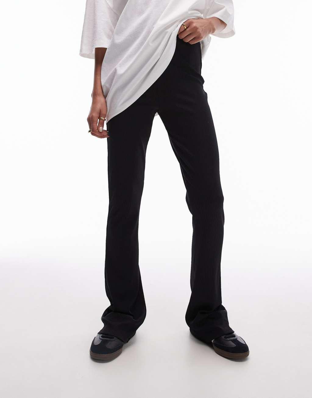 Topshop skinny rib flared pants in black Product Image