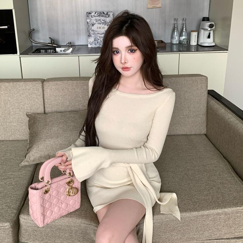 Long Sleeve Off Shoulder Plain Tie Waist Bodycon Mini Dress Product Image