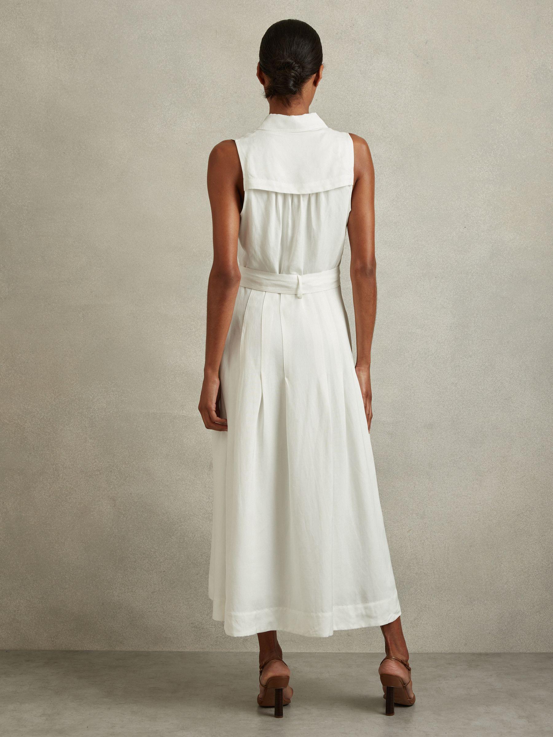 Viscose-Linen Belted Midi Dress in White Product Image
