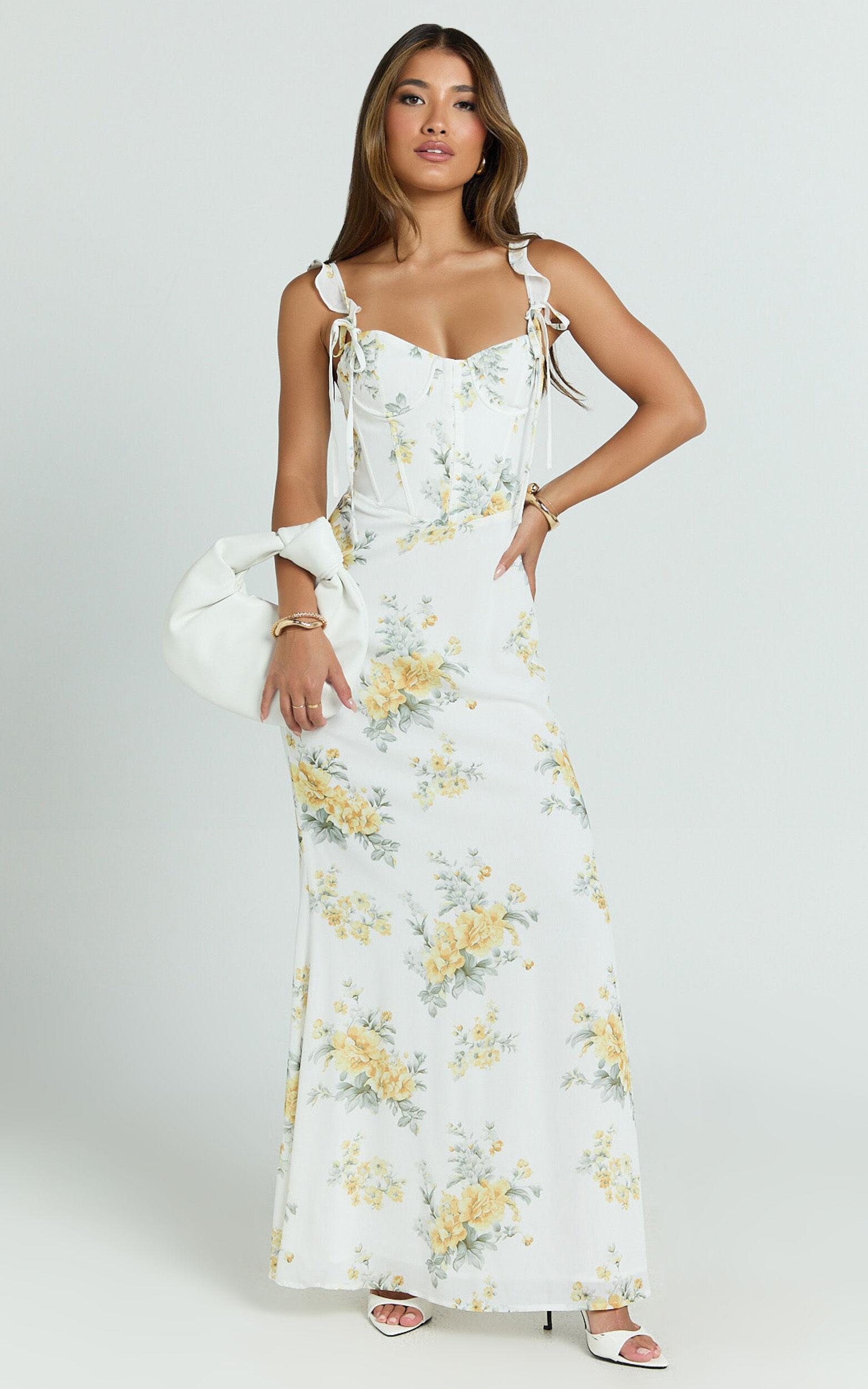 Mabel Maxi Dress - Georgette Frill Sleeve Sweetheart Bias Cut Dress in Antique Florals Product Image