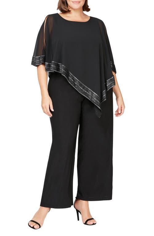 Ignite Evenings Plus Size Foil Trim Round Neck Asymmetric Cape 34 Sleeve Jumpsuit Product Image