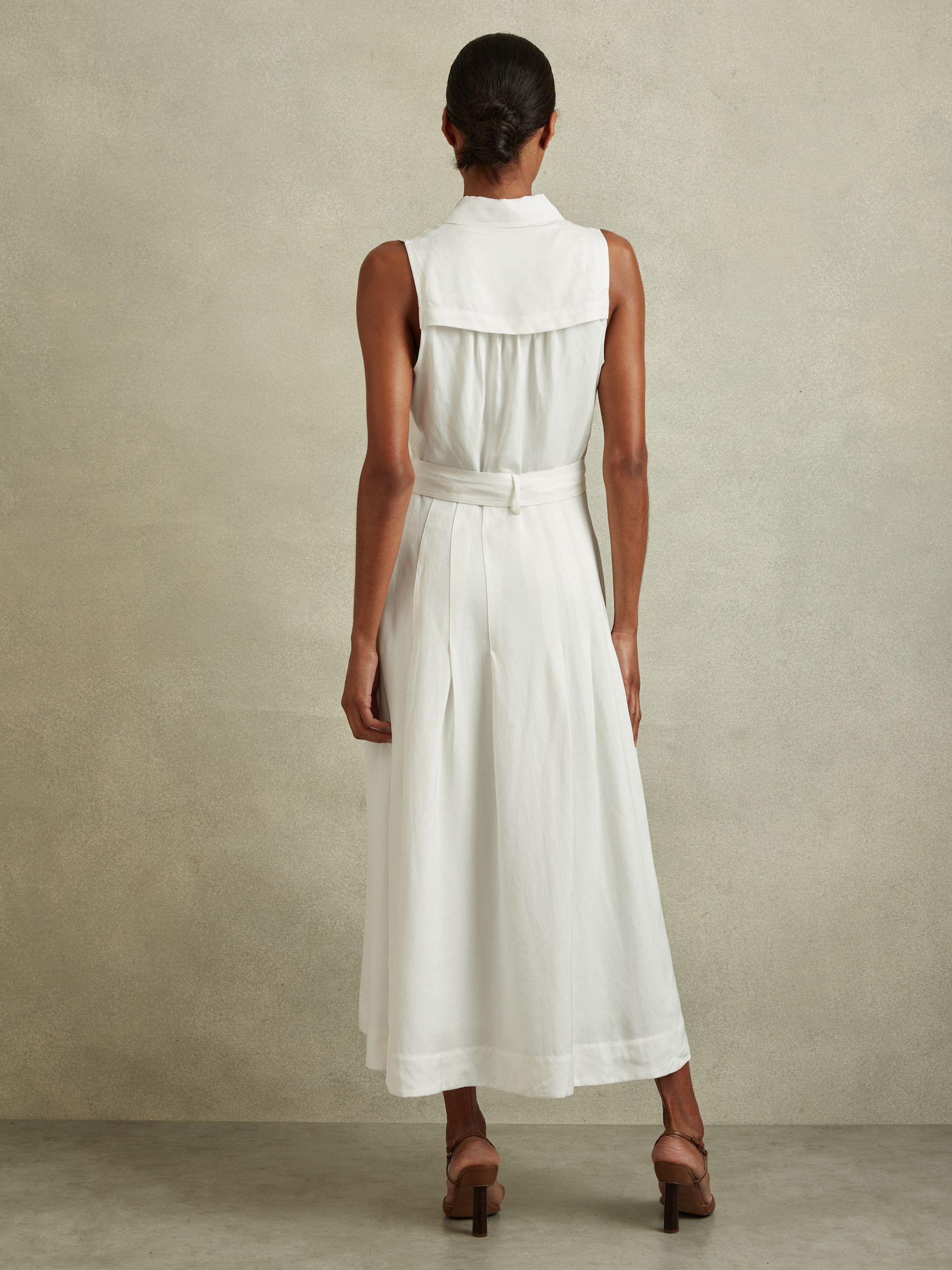Viscose-Linen Belted Midi Dress in White Product Image