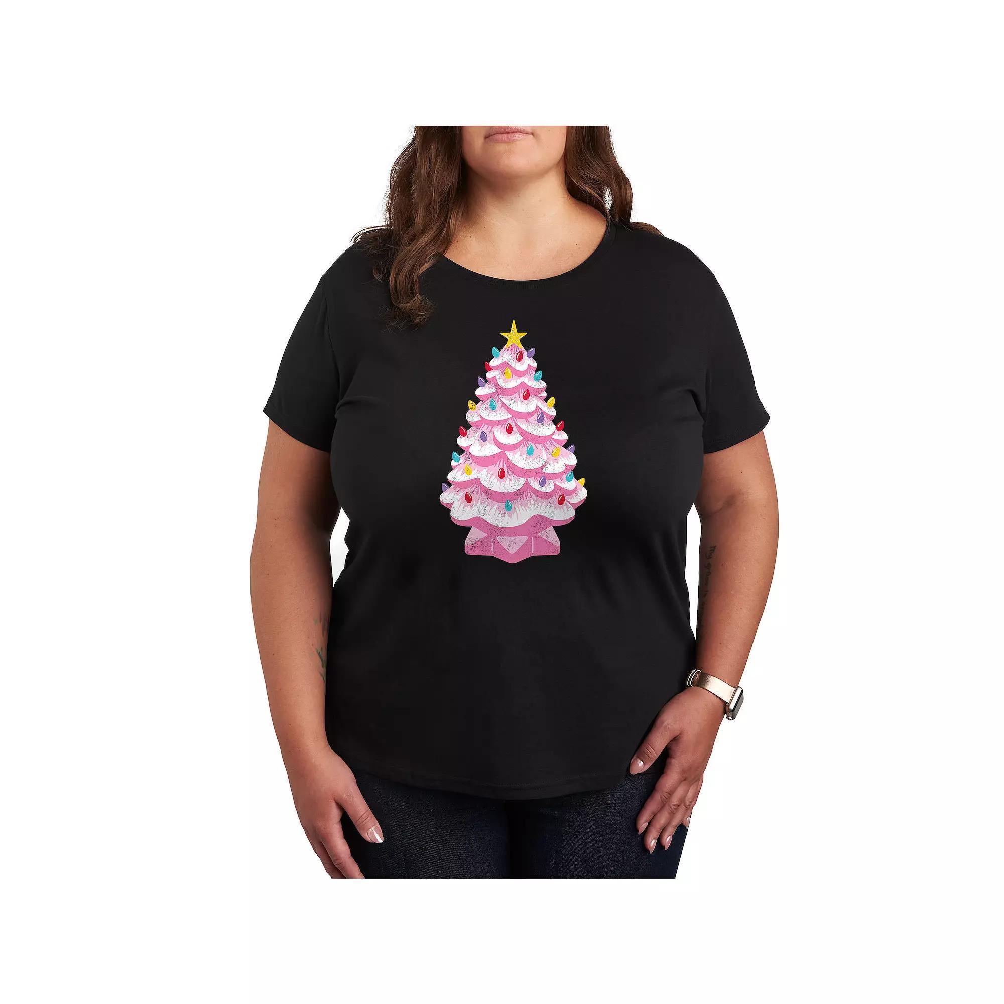 Plus Retro Pink Christmas Tree Graphic Tee, Women's,  Product Image