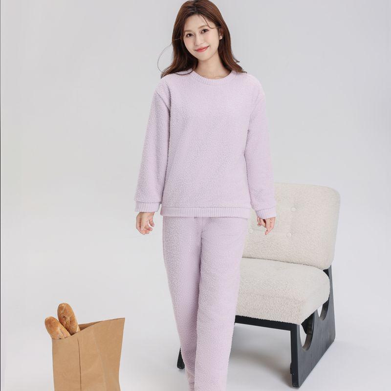 Couple Matching Pajama Set: Crew Neck Plain Fleece Sweatshirt + Pants Product Image