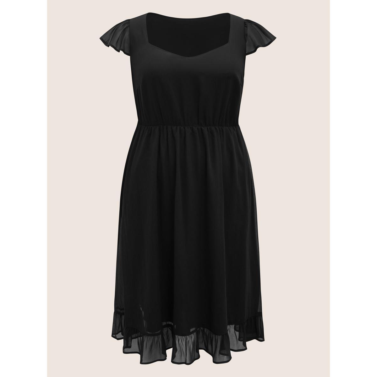 Plus Size Mesh Patchwork Ruffle Cap Sleeve Midi Dress Black Women Elegant See through Heart neckline Cap Sleeve Curvy BloomChic 22-24/3X Product Image