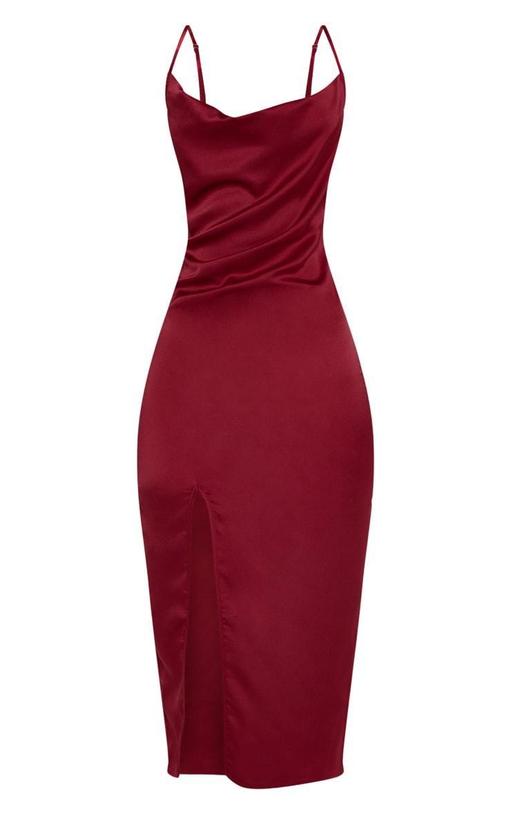 Burgundy Strappy Satin Cowl Midi Dress Product Image