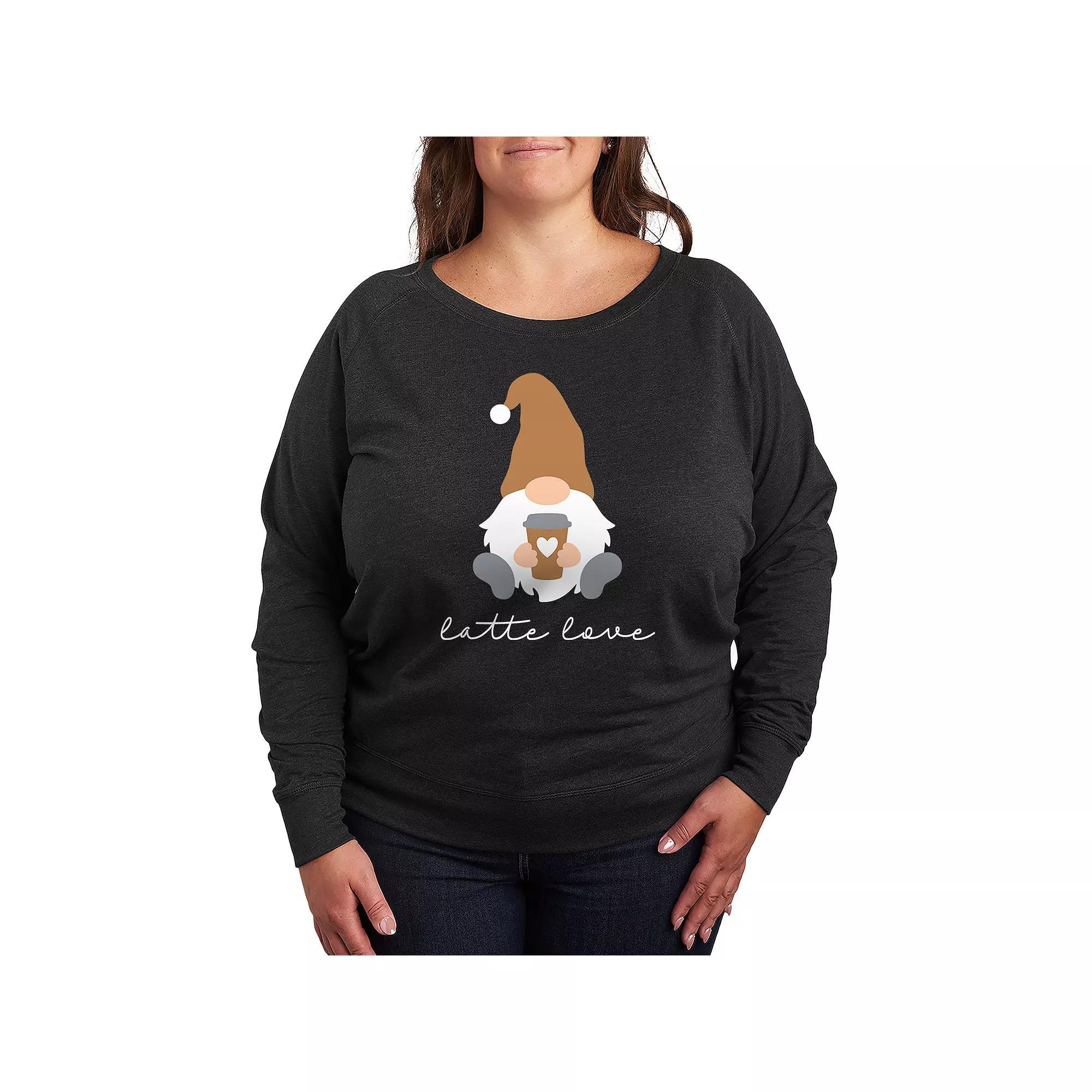 Plus Size Gnome with Coffee and Books French Terry Long Sleeve Tee, Women's, Size: 1XL, Grey Indigo Product Image