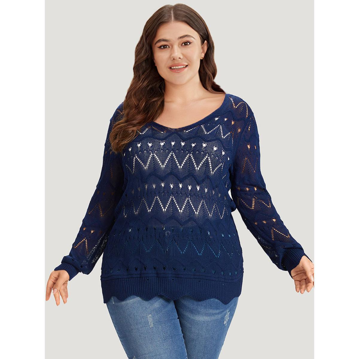 Plus Size Geometric Eyelet Scalloped Trim Drop Shoulder Pullover Indigo Women Casual Loose Long Sleeve Round Neck Dailywear Pullovers BloomChic 22-24/3X Product Image