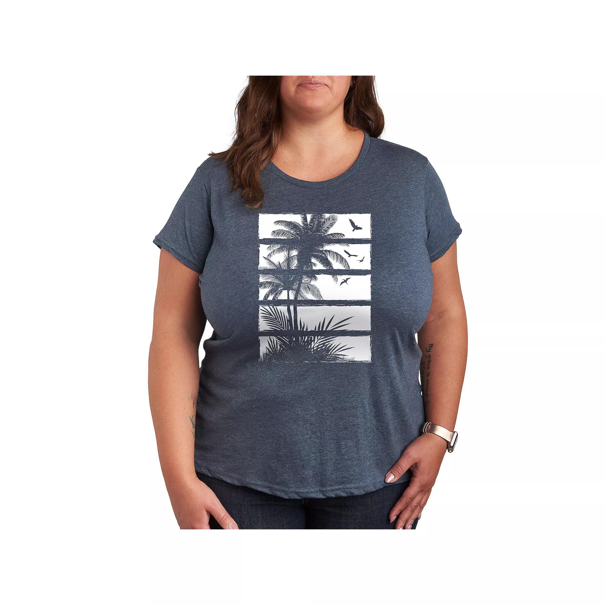 Plus Palm Tree Silhouette Panels Graphic Tee, Women's, Size: 2XL, Grey Blue Product Image