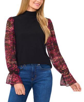 CeCe Womens Sheer Floral Long-Sleeve Mock Neck Top Product Image