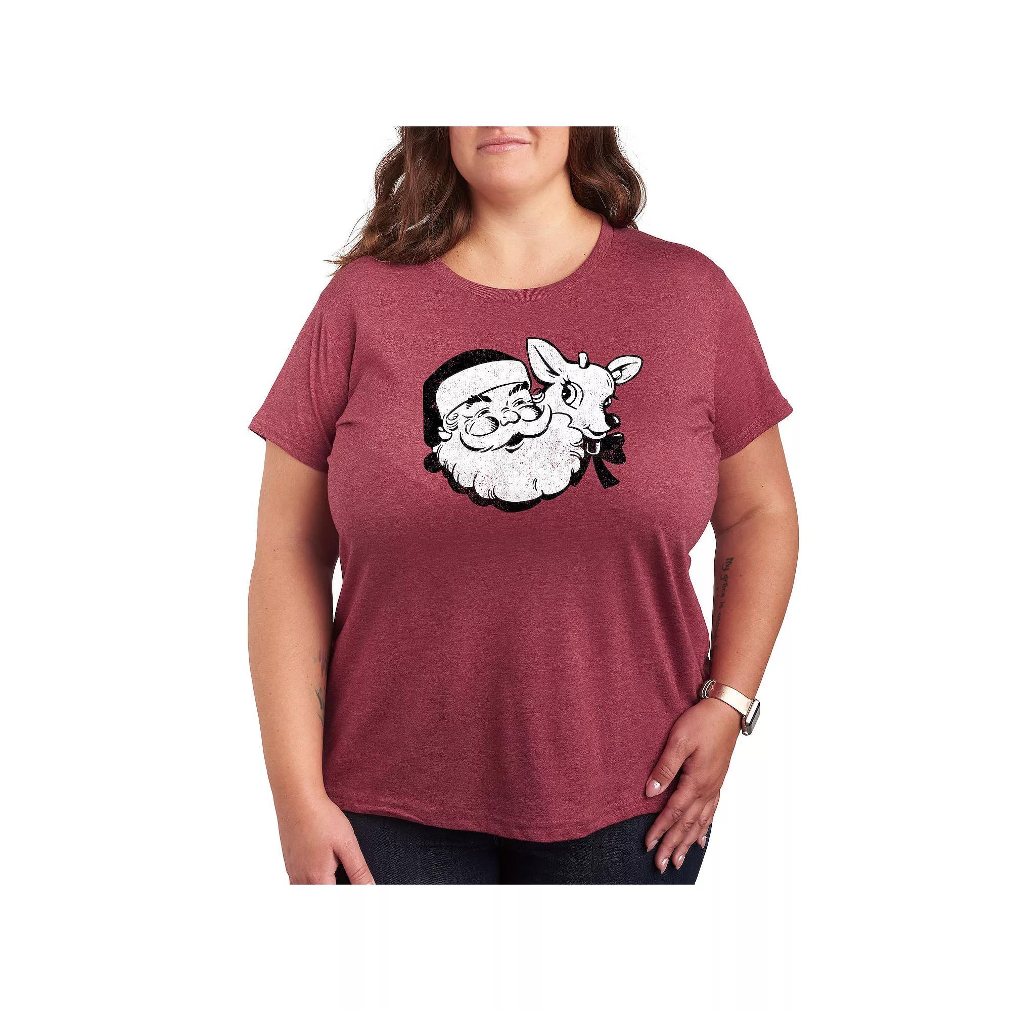 Plus Size Santa & Reindeer Holiday Graphic Tee, Women's, Size: 4XL, Grey Dark Red Product Image