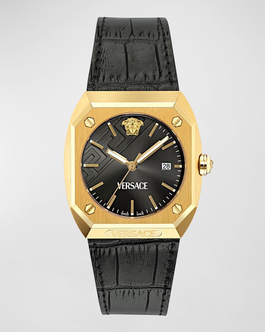 Versace Mens Gold Antares Analog Black Leather Strap Watch Product Image