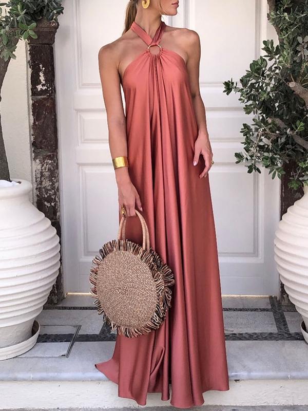 A-Line Loose Backless Solid Color Tied Halter-Neck Maxi Dresses Product Image