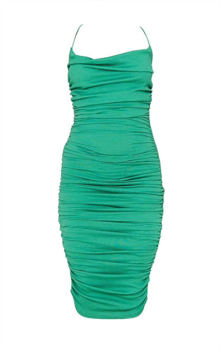 Green Crinkle Texture Ruched Cowl Neck Midi Dress Product Image