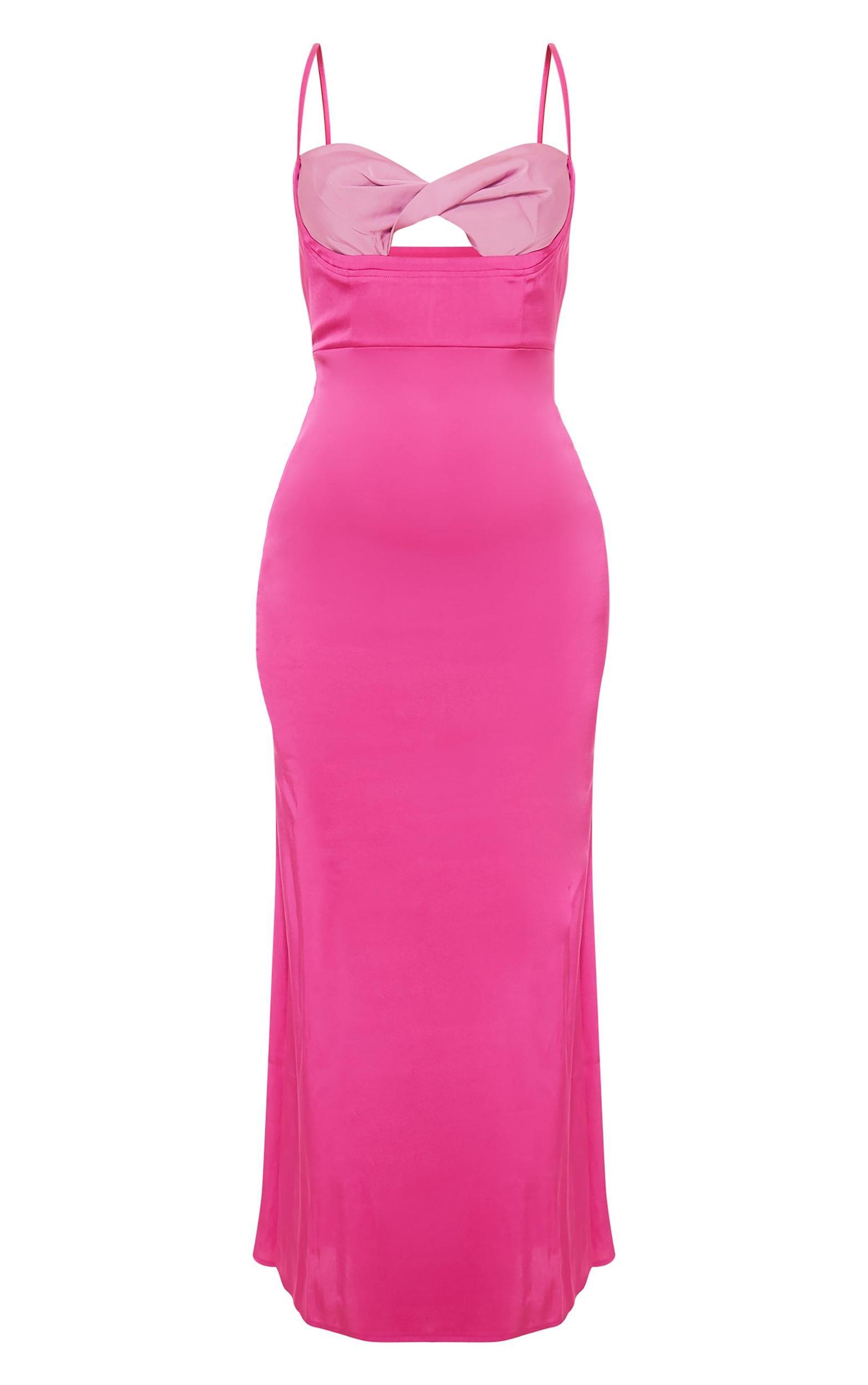 Dark Pink Satin Contrast Front Twist Cup Midaxi Dress Product Image