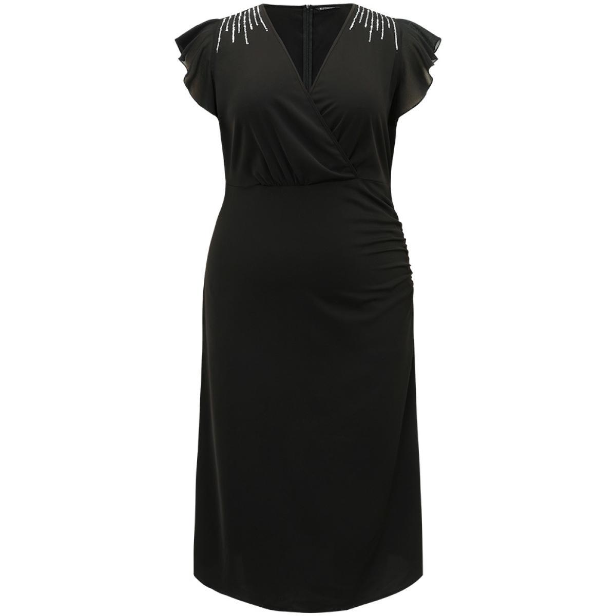 Plus Size Sequin Surplice Neck Ruffle Trim Zipper Dress Black Women Party Rhinestone detailing V-neck Sleeveless Curvy Midi Dress BloomChic 30/6X Product Image