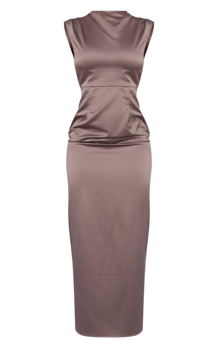 Taupe Satin Cut Out Back Ruched Bum Midaxi Dress Product Image