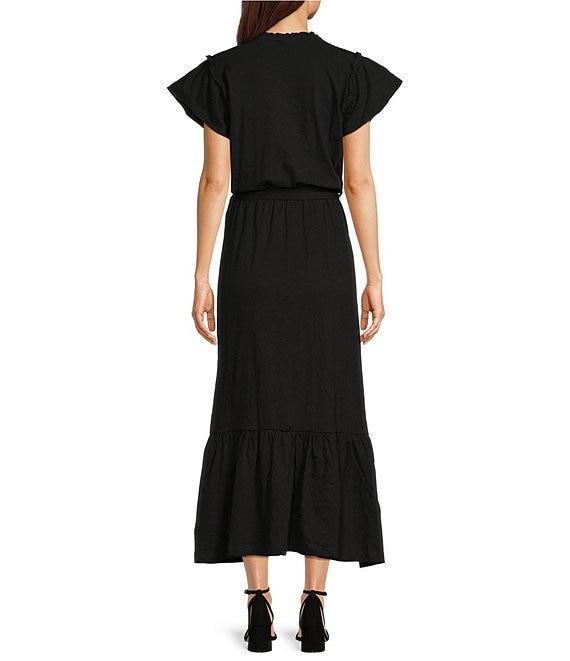 APNY Smocked Tassel V-Neck Short Sleeve A-Line Midi Dress Product Image