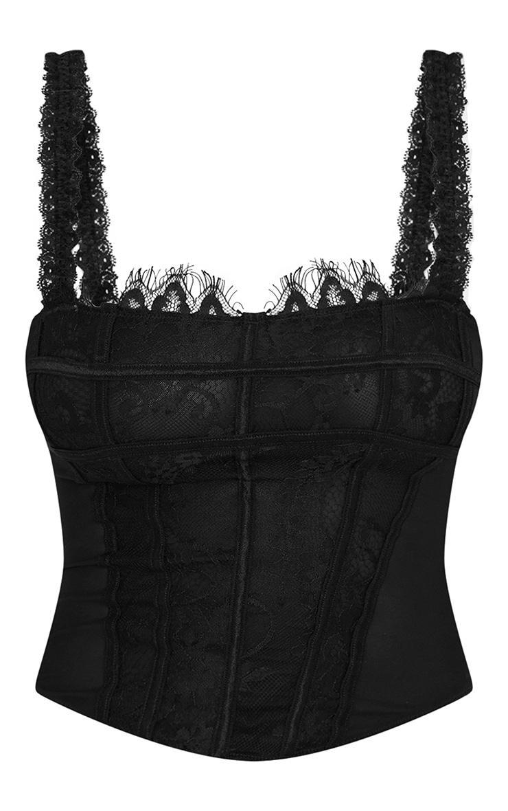 Black Mesh Lace Panel Curved Hem Corset Product Image