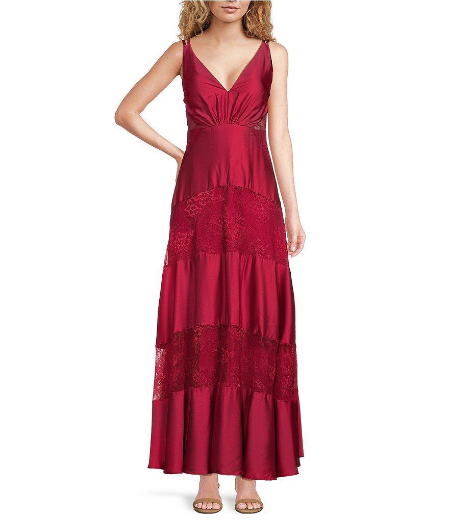 Layered With Love Celia Satin V-Neck Sleeveless Tiered Lace Maxi Dress Product Image