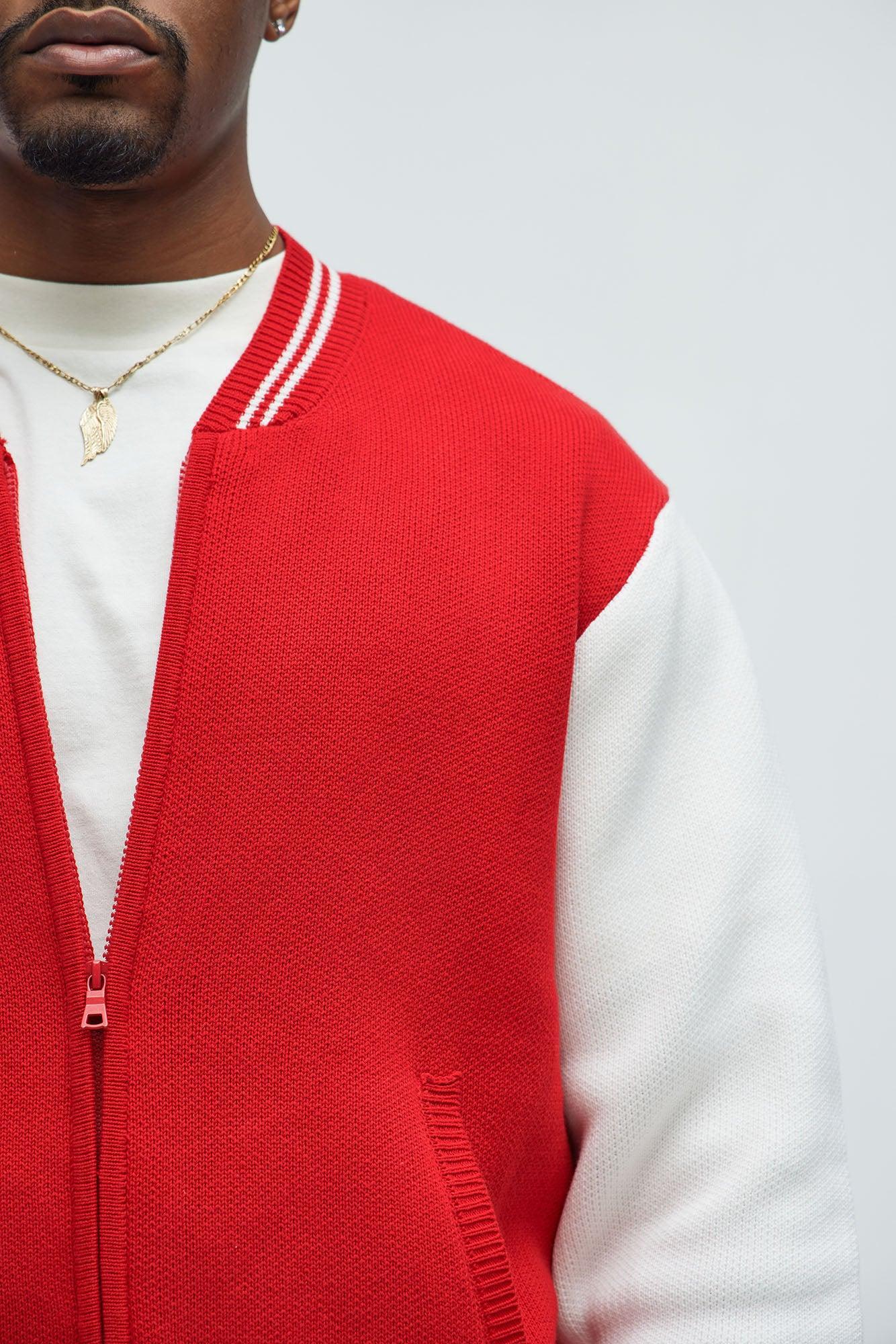 Caspian Knitted Varsity Jacket - Red/combo Product Image