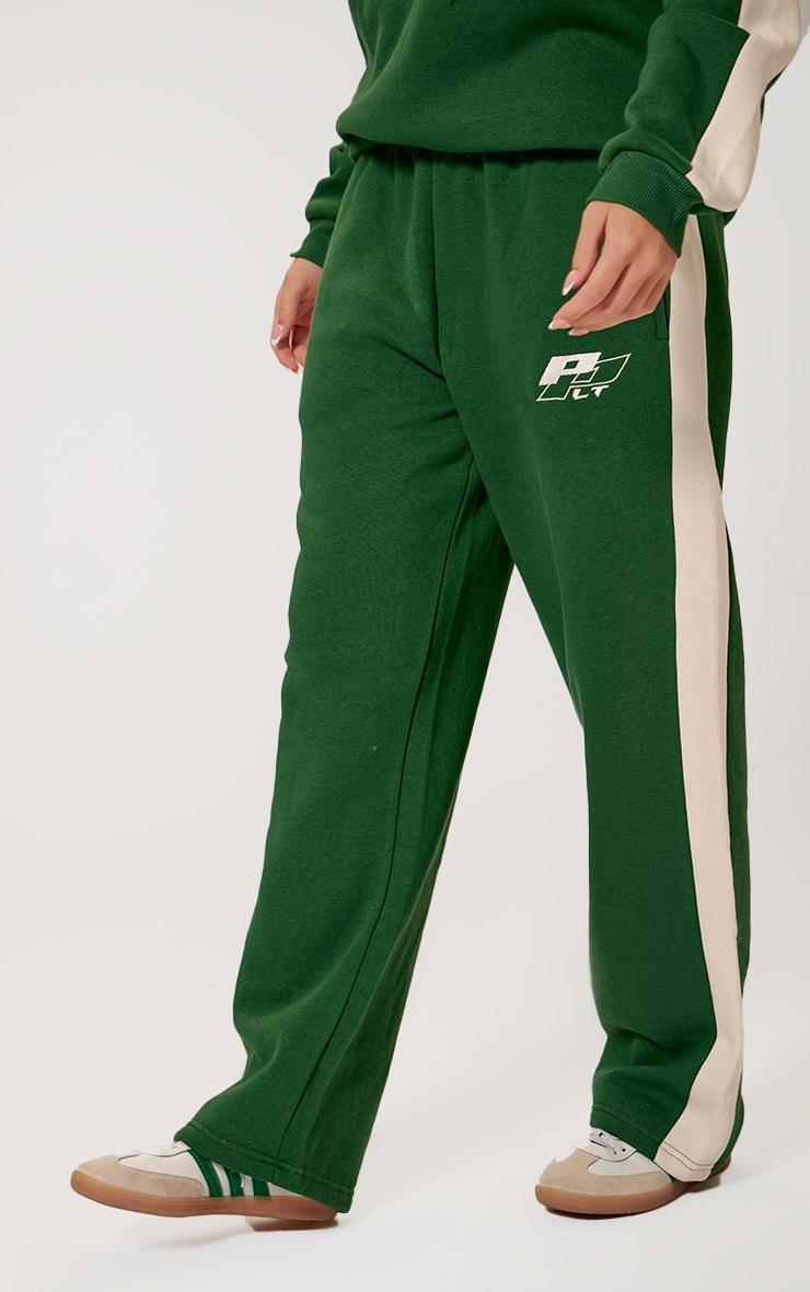 PRETTYLITTLETHING Forest Green Embroidered Contrast Straight Leg Sweatpants Product Image