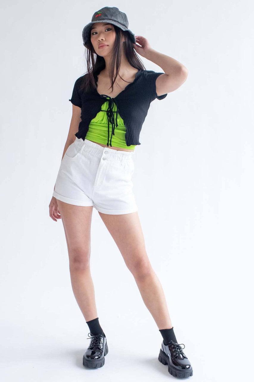 White Cuffed Paper Bag Waist Denim Shorts Product Image