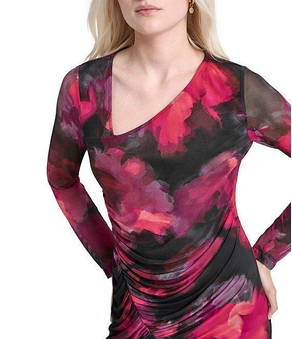 DKNY by Donna Karan Printed Knit Asymmetrical Neck Long Sleeves Cinched Sheath Midi Dress Product Image