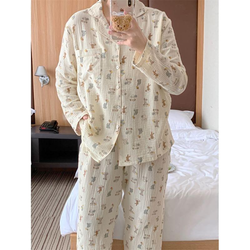 Couple Matching Long-Sleeve Cartoon Print Button-Up Midi Pajama Dress / Top / Pants / Set Product Image