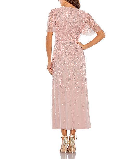 Mac Duggal Beaded V-Neck Flutter Sleeve Faux Wrap Midi Dress Product Image