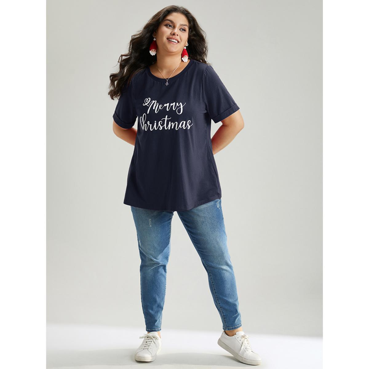 Plus Size Christmas Print Round Neck T-shirt Indigo Women Casual Printed Christmas Festival-Christmas T-shirts BloomChic 18-20/2X Product Image