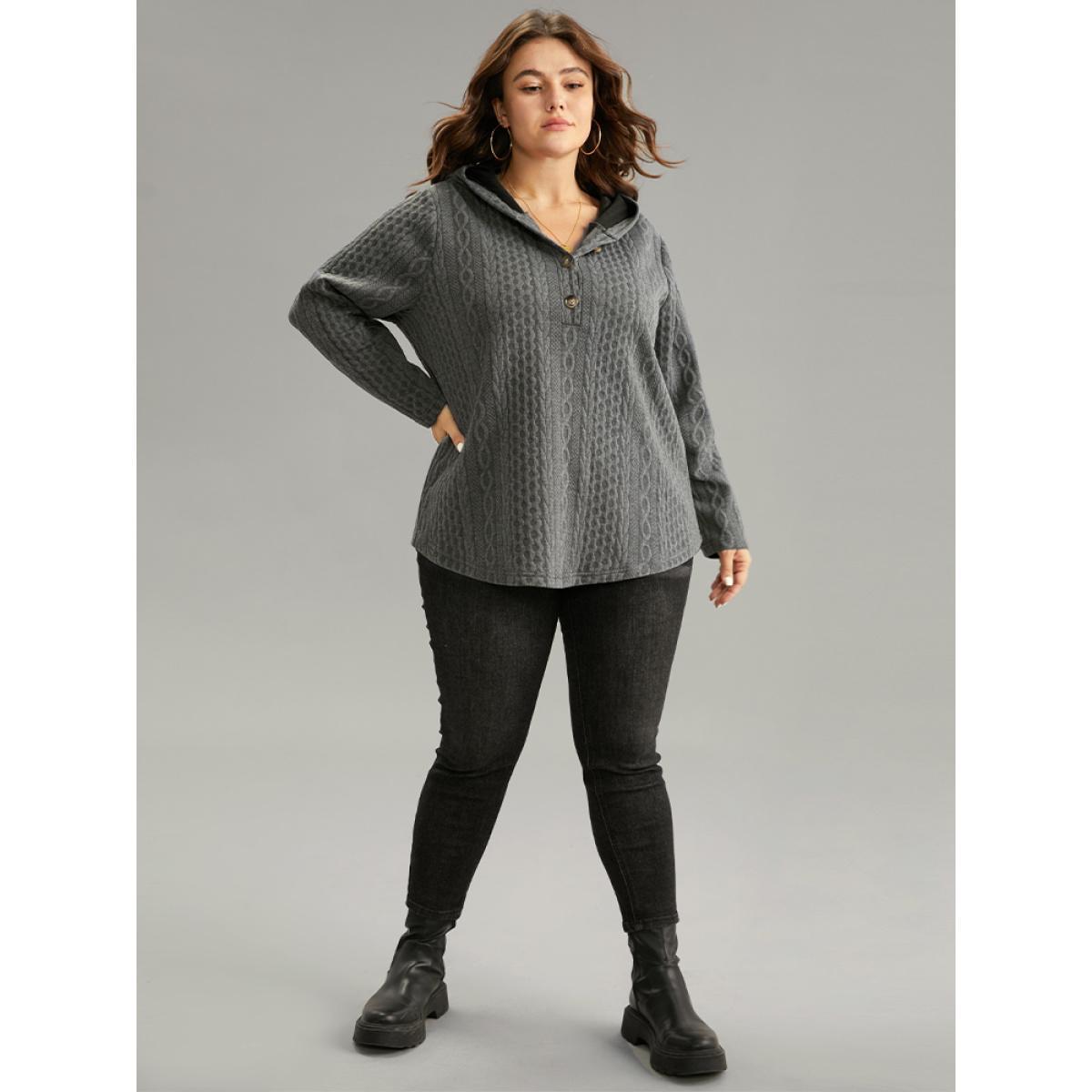 Plus Size Plisse Button Through Hooded Curved Hem Sweatshirt Women DimGray Casual Texture Hooded Everyday Sweatshirts BloomChic 26/4X Product Image