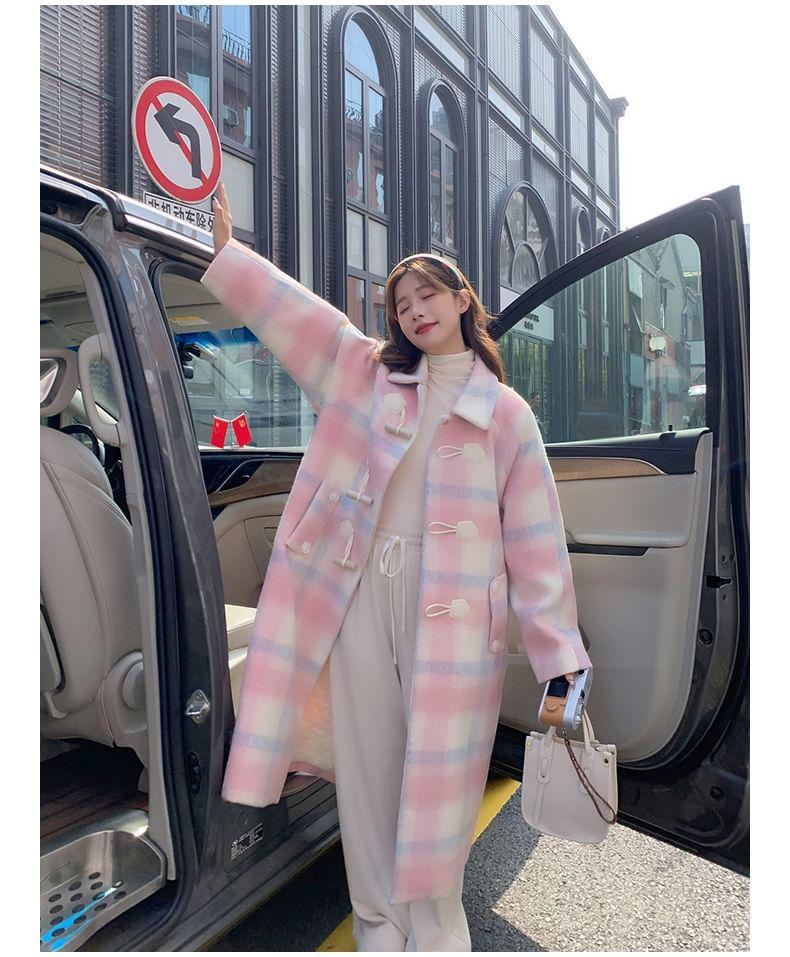 Collared Plaid Toggle Long Coat Product Image