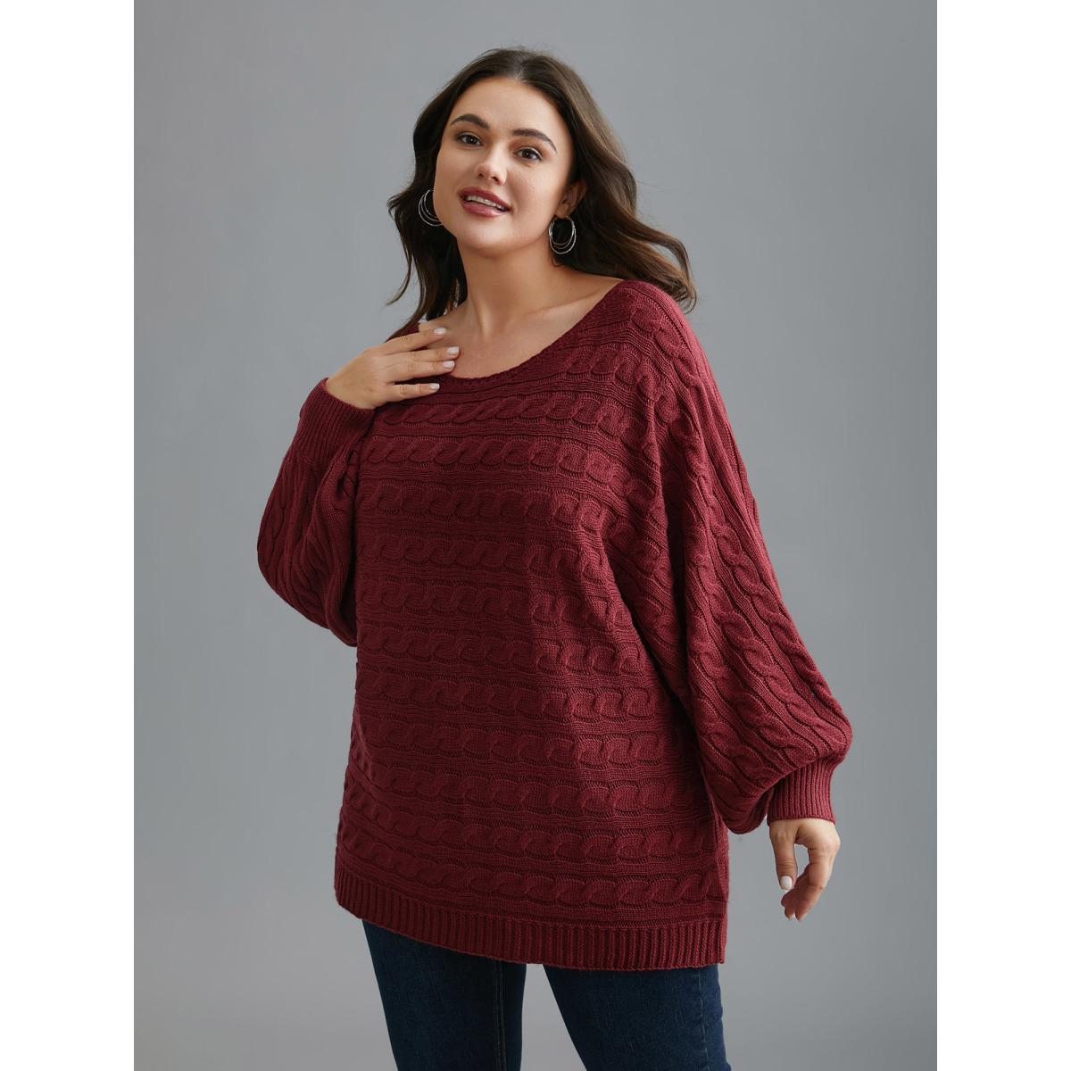 Plus Size Cable Knit Dolman Sleeve Pullover Deepred Women Casual Loose Long Sleeve Boat Neck Everyday Pullovers BloomChic 28/5X Product Image