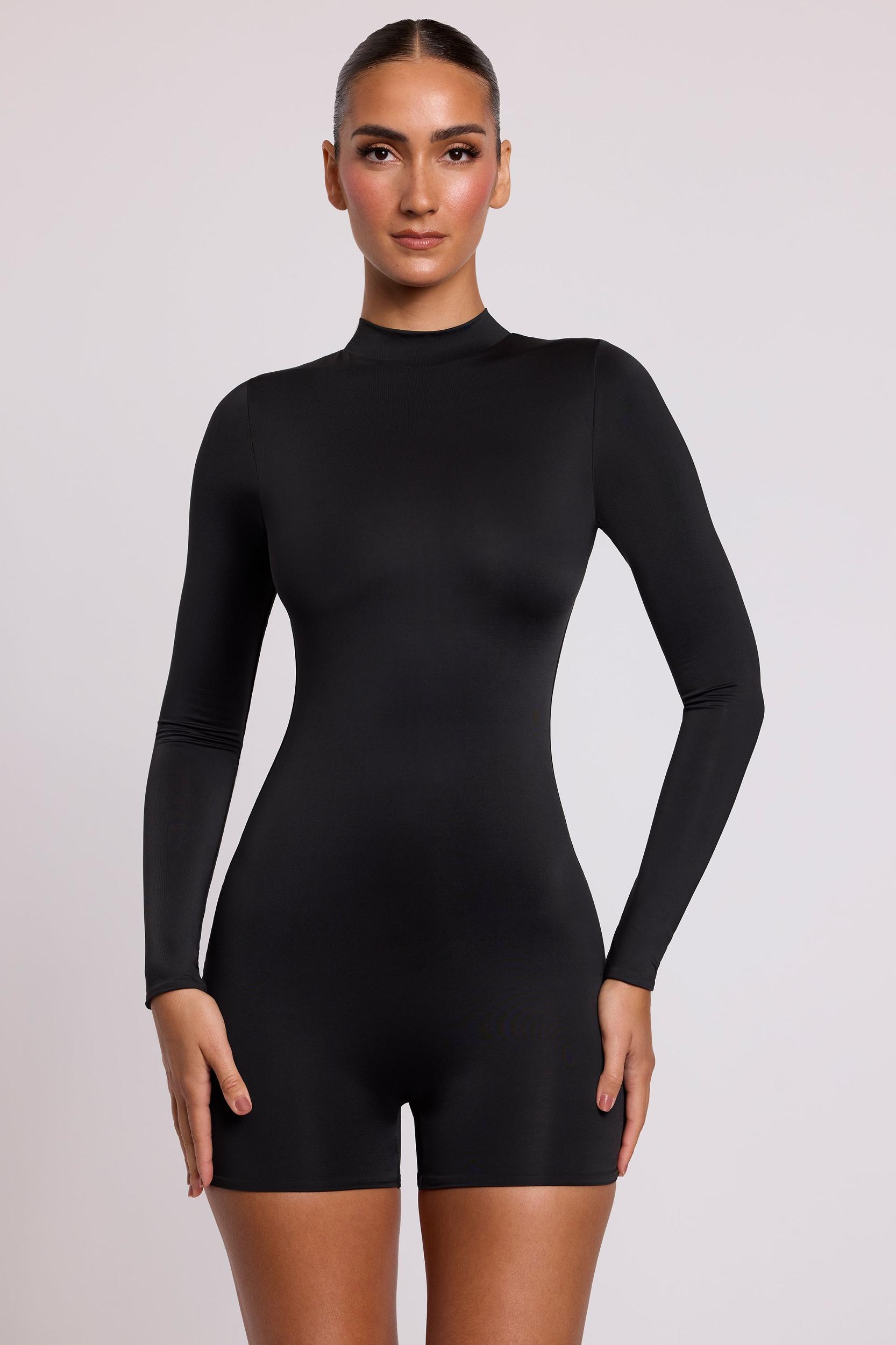 High Neck Long Sleeve Romper in Black Product Image