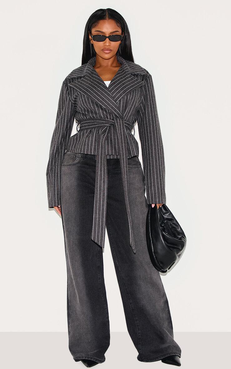 Shape Grey Wool Look Pinstripe Belted Jacket Product Image