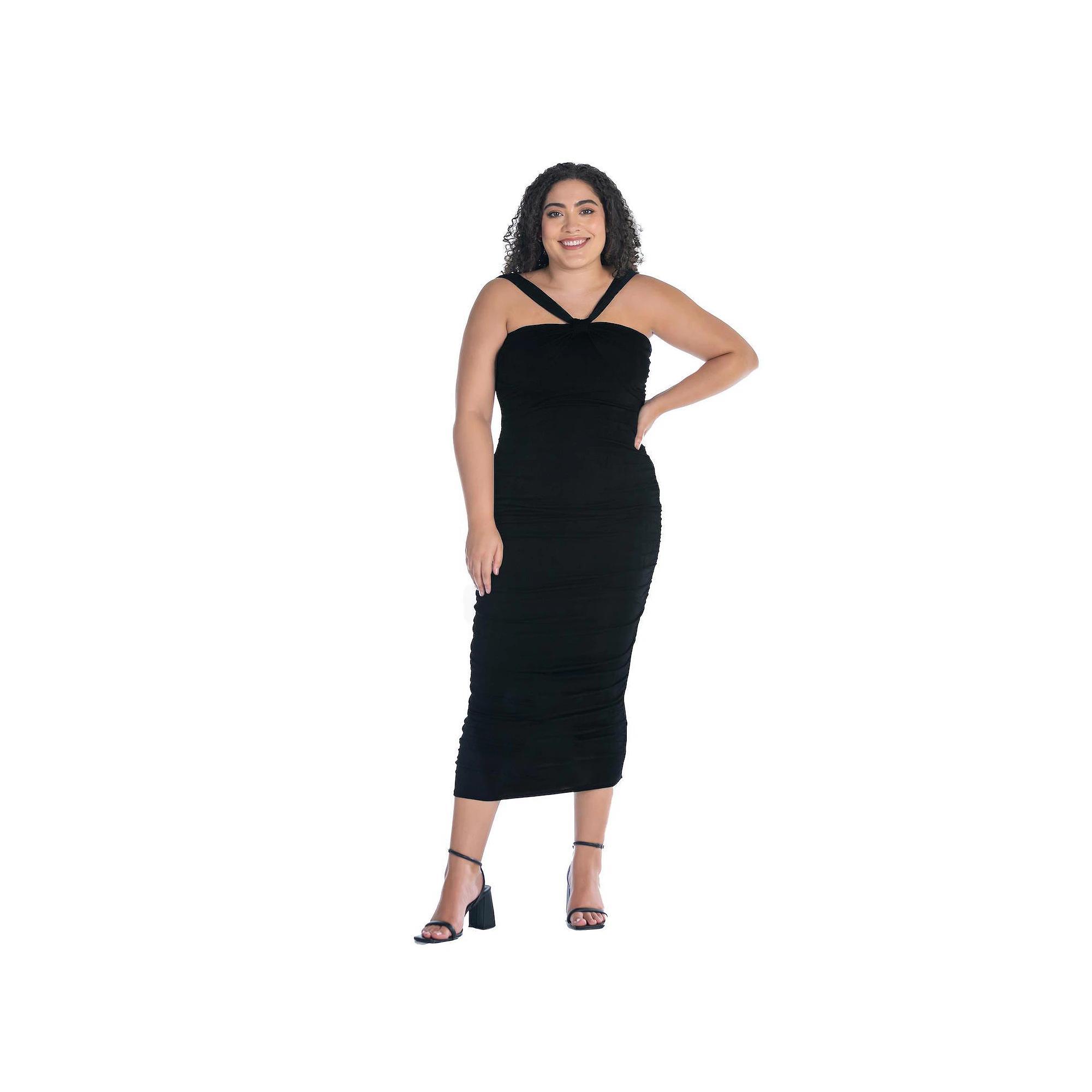 Plus Size 24Seven Comfort Apparel Halter Cross Neck Ruched Bodycon Midi Dress, Women's, Size: 1XL, Black Product Image