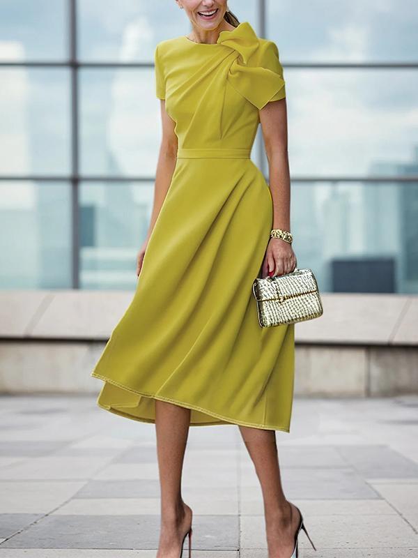 Loose Short Sleeves Pleated Solid Color Split-Joint Round-Neck Evening Dresses Midi Dresses Product Image