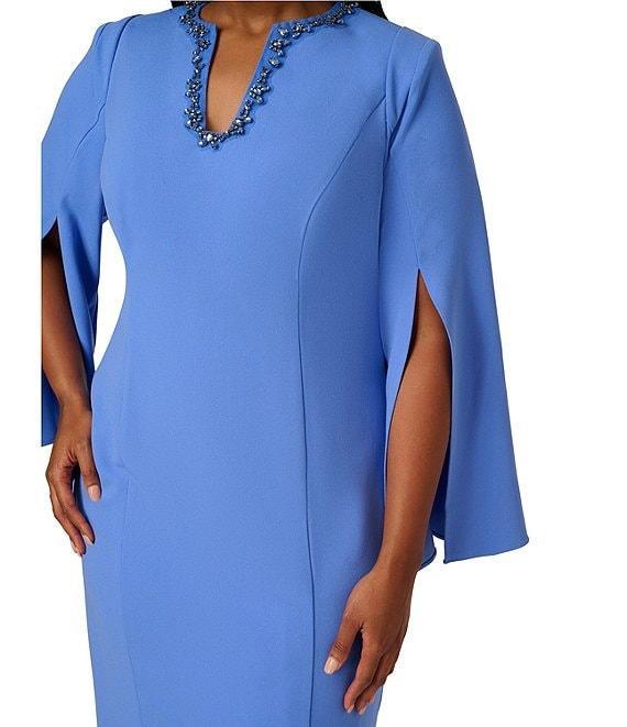 Adrianna Papell Plus Size Solid Crepe Jewel Embellished Split V-Neck Long Sleeve Sheath Dress Product Image