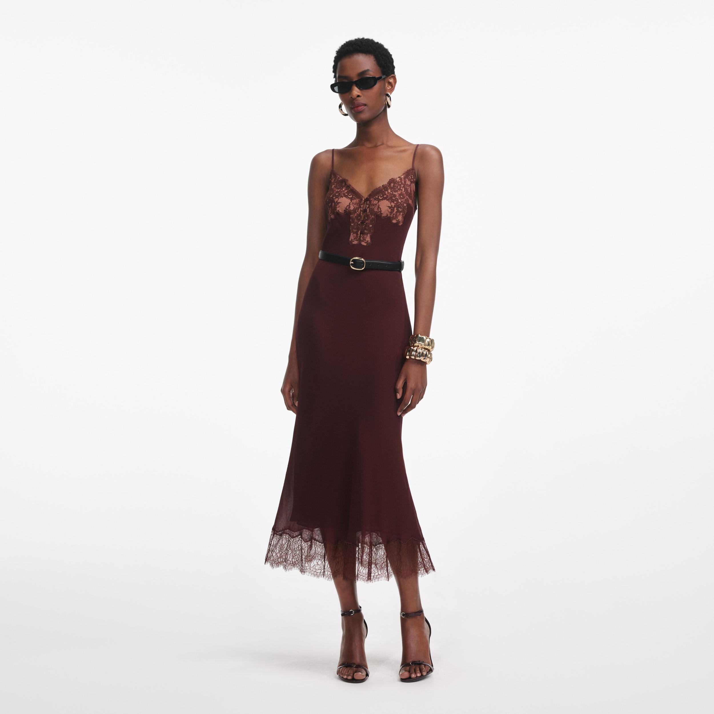 Brown Lace Insert Midi Dress Product Image