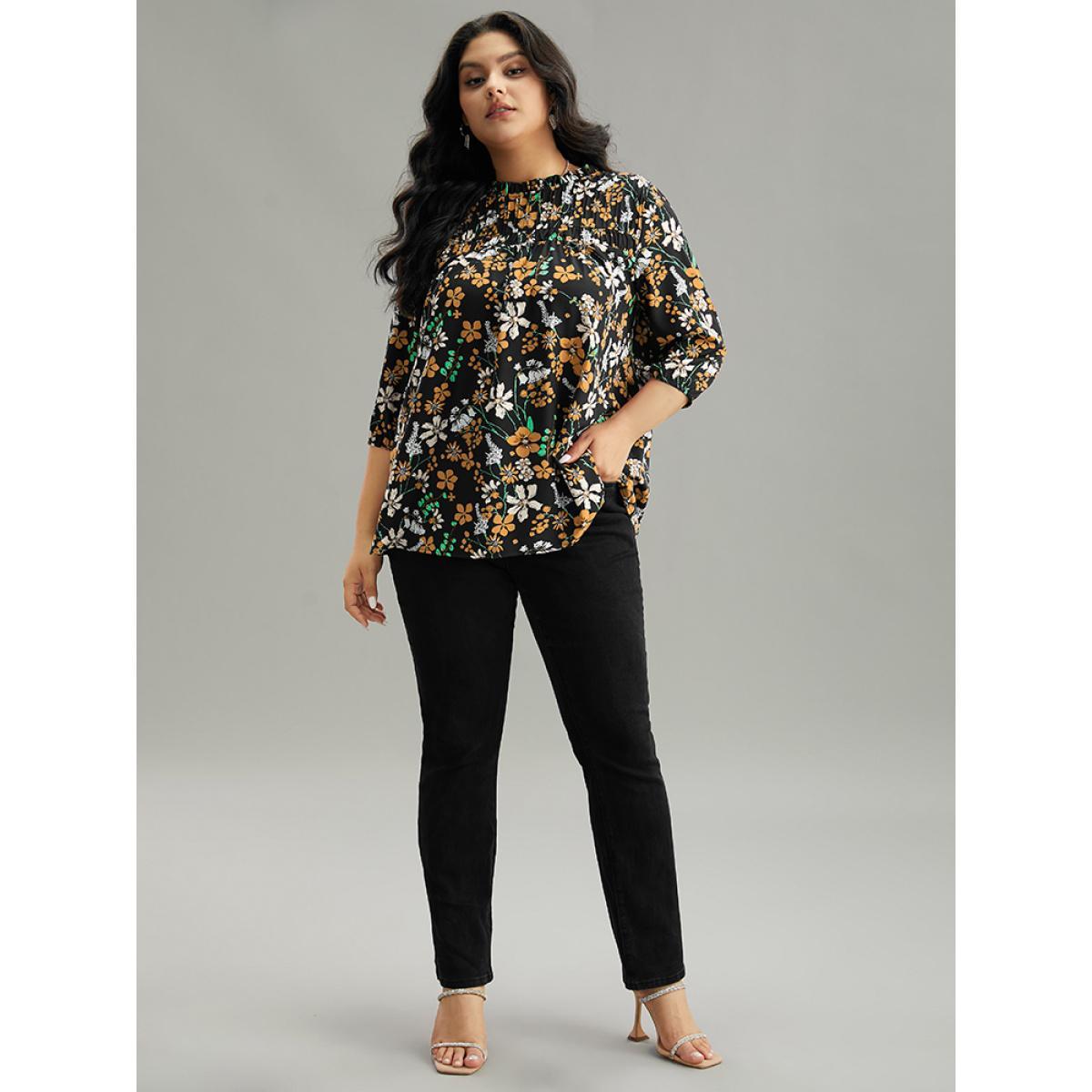 Plus Size Black Floral Print Frill Trim Cut Out Blouse Women Elegant Elbow-length sleeve Round Neck Everyday Blouses BloomChic 28/5X Product Image