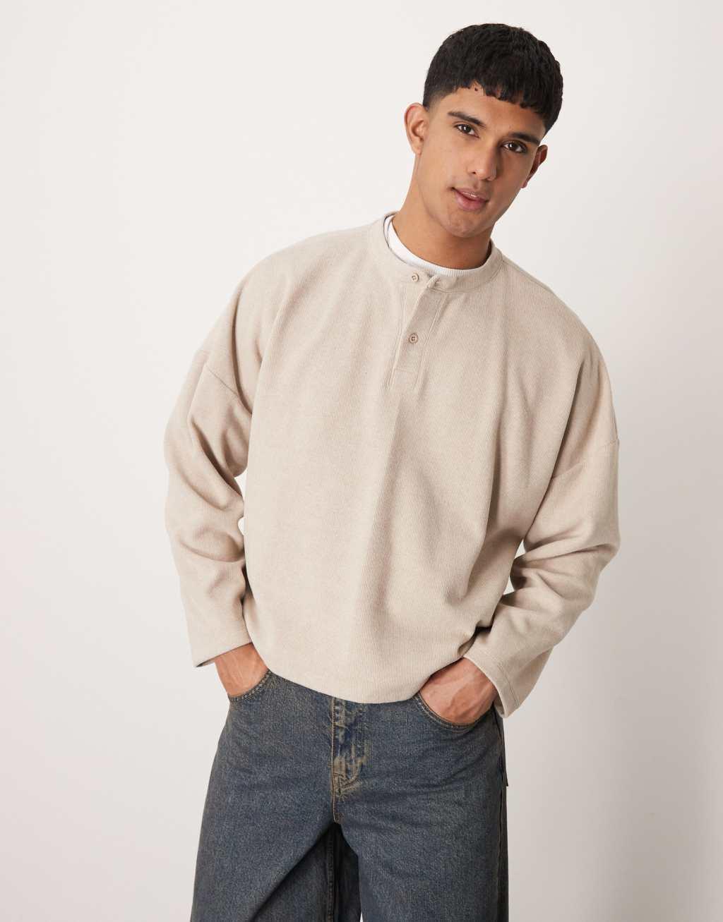 ASOS DESIGN super oversized cropped heavyweight ribbed henley sweater in stone Product Image