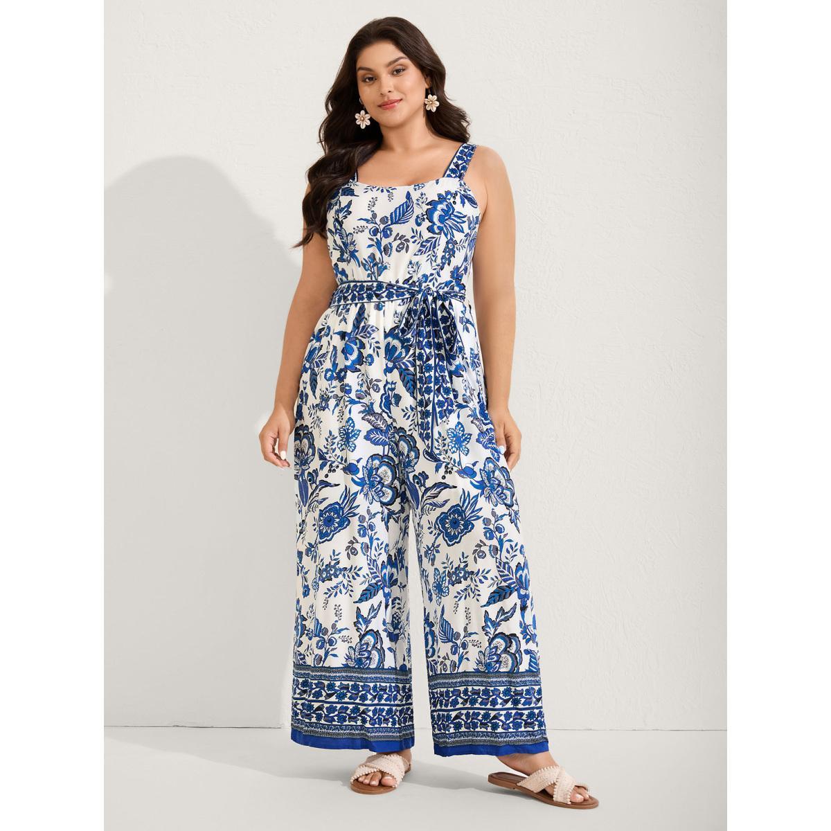 Plus Size Mediumblue Rayon Floral Print Lined Pockets Jumpsuit Women Sleeveless Square Neck Vacation Loose Jumpsuits BloomChic 26/4X Product Image